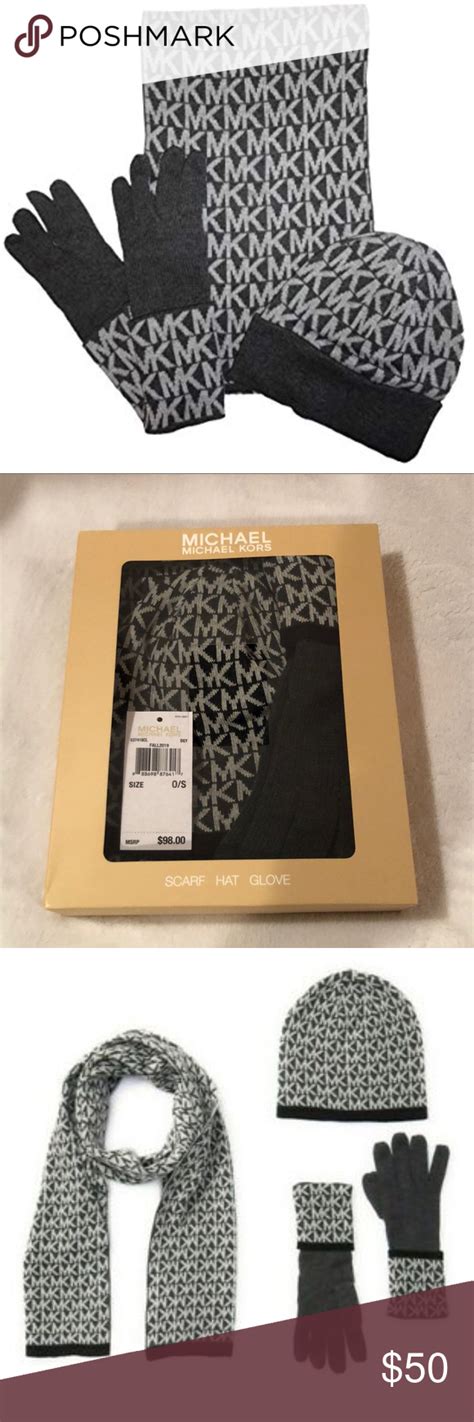 michael kors mk logo black hat scarf gloves set|Michael Kors Winter Accessories for Women .